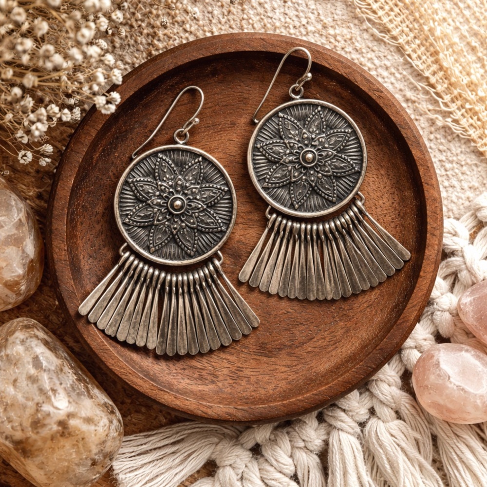 Silver-Tone Floral Disc Fringe Dangle Earrings | Boho Western